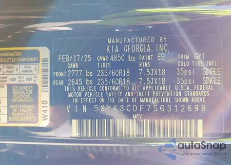 2025 Kia Sportage Ex z USA, uszkodzony, nr VIN 5XYK3CDF7SG312698